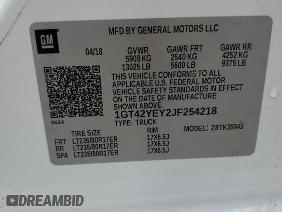 2018 GMC Sierra 3500HD Denali z VIN 1GT42YEY2JF254218, wystawiony jako Copart lot #85935094 z przebiegiem 157 907 mil mil oraz Szkody całkowita. Historia ofert i sprzedaży dostępna na DreamBid. Obrazek 14.