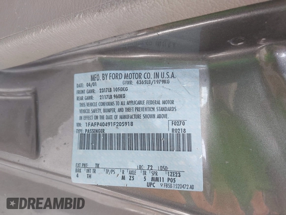 2001 Ford Mustang Standard с VIN 1FAFP40491F205918, выставлен на аукционе IAAI как лот 42221513 с пробегом Не указан миль и . История ставок и продаж доступна на DreamBid. Изображение 9.