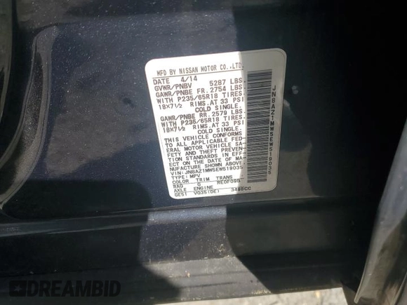 2014 Nissan Murano S with VIN JN8AZ1MW5EW519035, listed as a Copart auction lot 54246825 with 153,000 mi miles and Clean Title. Bid and sale history available at DreamBid. Image 13.