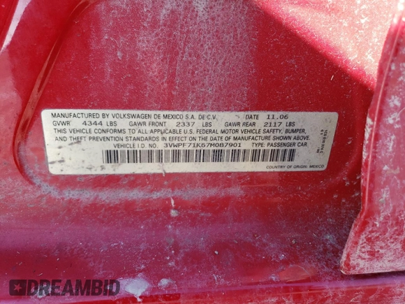 2007 Volkswagen Jetta 2.5 with VIN 3VWPF71K67M087901, listed as a Copart auction lot 45937085 with 119,213 mi miles and Salvage title. Bid and sale history available at DreamBid. Image 14.