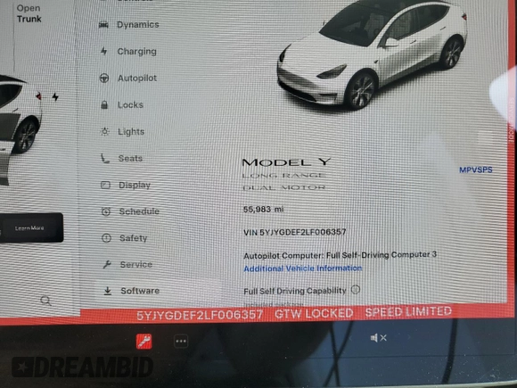 2020 Tesla Model Y Long Range with VIN 5YJYGDEF2LF006357, listed as a Copart auction lot 54888215 with 55,983 mi miles and Salvage Title. Bid and sale history available at DreamBid. Image 9.
