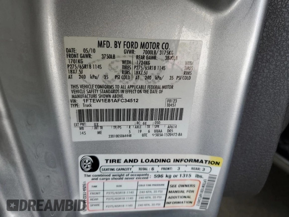 2010 Ford F-150 XL с VIN 1FTEW1E81AFC34512, выставлен на аукционе Copart как лот 53485425 с пробегом 175 972 миль миль и Чистый • Clean title. История ставок и продаж доступна на DreamBid. Изображение 12.