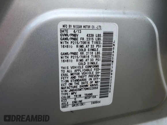 2013 Nissan Rogue SL with VIN JN8AS5MT7DW022858, listed as a Copart auction lot 45002975 with 165,249 mi miles and Salvage Title. Bid and sale history available at carsss.com. Image 13.