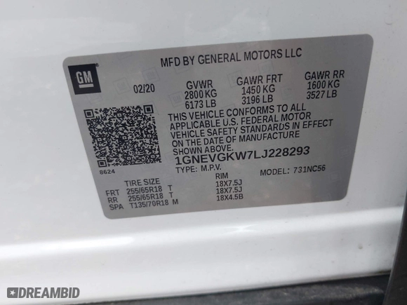2020 Chevrolet Traverse LT Cloth with VIN 1GNEVGKW7LJ228293, listed as a IAAI auction lot 39733566 with 43,312 mi miles. Bid and sale history available at carsss.com. Image 9.