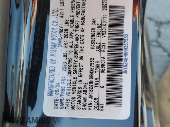 2024 Nissan Z Performance with VIN JN1BZ4BH6RM367552, listed as a Copart auction lot 60036675 with 463 mi miles and Salvage title. Bid and sale history available at DreamBid. Image 12.