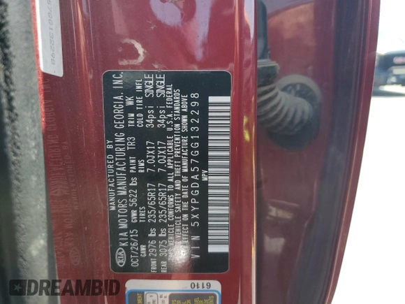 2016 Kia Sorento LX with VIN 5XYPGDA57GG132298, listed as a Copart auction lot 59371125 with 243,646 mi miles and Salvage title. Bid and sale history available at DreamBid. Image 13.