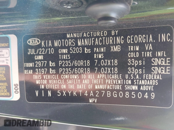 2011 Kia Sorento LX with VIN 5XYKT4A27BG085049, listed as a IAAI auction lot 42249462 with 218,039 mi miles and . Bid and sale history available at DreamBid. Image 9.