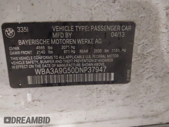 2013 BMW 3 Series 335i с VIN WBA3A9G50DNP37947, выставлен на аукционе IAAI как лот 41568877 с пробегом 82 467 миль миль и . История ставок и продаж доступна на DreamBid. Изображение 9.