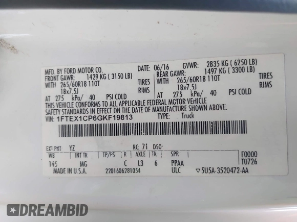 2016 Ford F-150 XL with VIN 1FTEX1CP6GKF19813, listed as a IAAI auction lot 41834855 with 182,415 mi miles and . Bid and sale history available at carsss.com. Image 9.