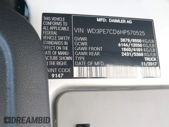 2017 Mercedes-Benz Sprinter Cargo Worker with VIN WD3PE7CD6HP570525, listed as a IAAI auction lot 42096771 with 276,337 mi miles. Bid and sale history available at carsss.com. Image 9.