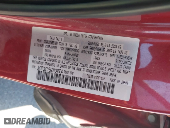 2016 Mazda CX-9 Touring with VIN JM3TCBCY5G0104504, listed as a IAAI auction lot 42314649 with 116,536 mi miles and . Bid and sale history available at DreamBid. Image 9.