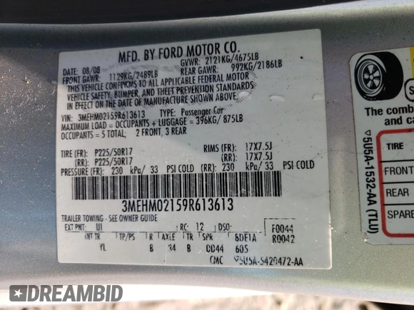 2009 Mercury Milan Premier with VIN 3MEHM02159R613613, listed as a Copart auction lot 51777355 with 159,615 mi miles and Clean title. Bid and sale history available at DreamBid. Image 12.
