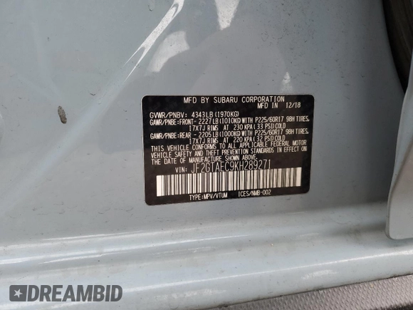 2019 Subaru Crosstrek Premium with VIN JF2GTAEC9KH289271, listed as a Copart auction lot 58086805 with 35,213 mi miles and Salvage title. Bid and sale history available at DreamBid. Image 12.