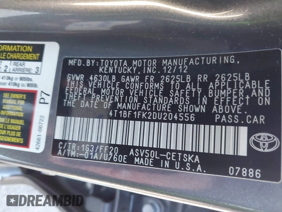 2013 Toyota Camry L with VIN 4T1BF1FK2DU204556, listed as a IAAI auction lot 41699474 with 200,897 mi miles. Bid and sale history available at carsss.com. Image 9.