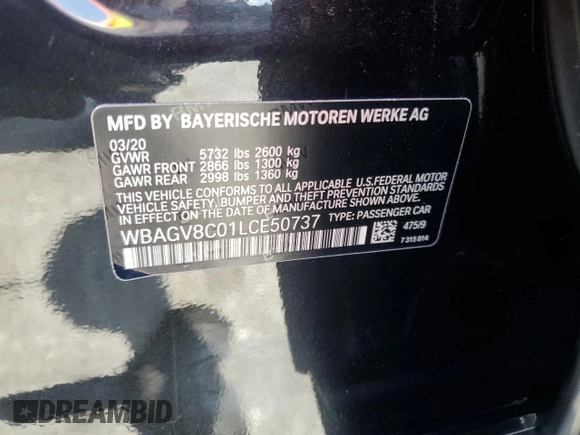 2020 BMW 8 Series M850i with VIN WBAGV8C01LCE50737, listed as a Copart auction lot 58318665 with Not provided miles and Salvage title. Bid and sale history available at DreamBid. Image 13.