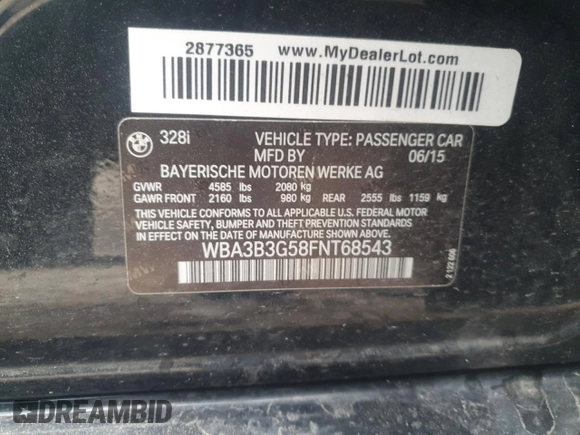 2015 BMW 3 Series 328i xDrive with VIN WBA3B3G58FNT68543, listed as a Copart auction lot 55594725 with 86,909 mi miles and Salvage title. Bid and sale history available at DreamBid. Image 12.