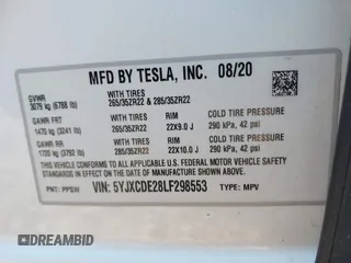 2020 Tesla Model X Long Range with VIN 5YJXCDE28LF298553, listed as a IAAI auction lot 40863184 with 54,031 mi miles and . Bid and sale history available at DreamBid. Image 9.