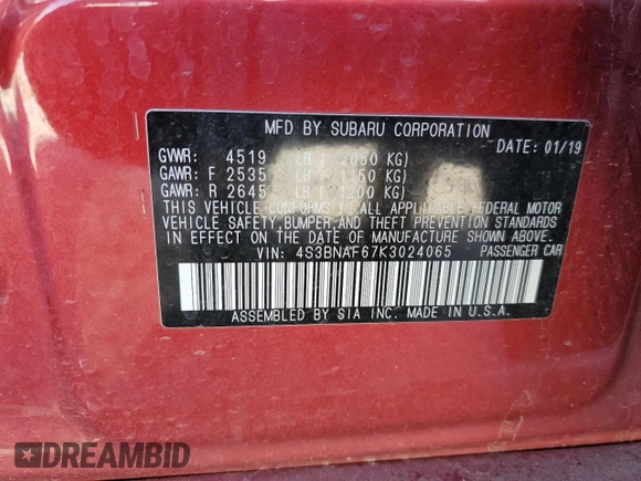 2019 Subaru Legacy Premium with VIN 4S3BNAF67K3024065, listed as a Copart auction lot 56164405 with 73,898 mi miles and Salvage title. Bid and sale history available at DreamBid. Image 12.