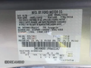 2009 Mercury Milan Premier with VIN 3MEHM08159R603347, listed as a IAAI auction lot 41253726 with 35,956 mi miles and . Bid and sale history available at carsss.com. Image 9.