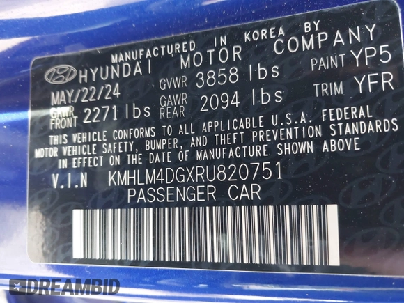 2024 Hyundai Elantra SEL with VIN KMHLM4DGXRU820751, listed as a IAAI auction lot 41600603 with 9,137 mi miles and . Bid and sale history available at DreamBid. Image 9.