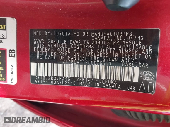 2013 Toyota Corolla L with VIN 2T1BU4EE2DC076601, listed as a IAAI auction lot 38113230 with Not Provided miles and . Bid and sale history available at DreamBid. Image 9.