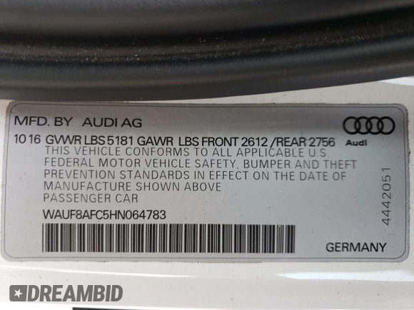 2017 Audi A6 Premium with VIN WAUF8AFC5HN064783, listed as a Copart auction lot 49827245 with 51,014 mi miles and Salvage Title. Bid and sale history available at carsss.com. Image 13.
