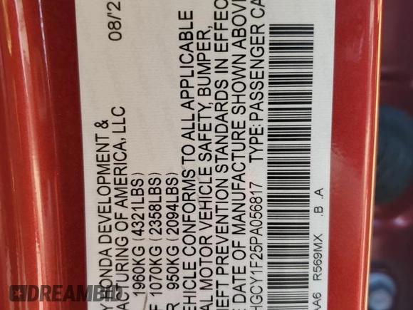 2023 Honda Accord LX with VIN 1HGCY1F25PA056817, listed as a Copart auction lot 55620625 with 40,484 mi miles and Salvage Title. Bid and sale history available at DreamBid. Image 12.