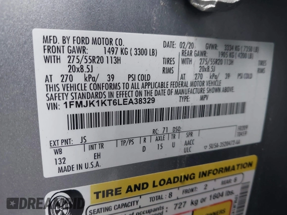 2020 Ford Expedition Max Limited с VIN 1FMJK1KT6LEA38329, выставлен на аукционе IAAI как лот 41053455 с пробегом 120 528 миль миль и . История ставок и продаж доступна на DreamBid. Изображение 9.