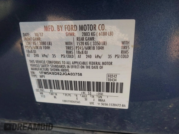 2018 Ford Explorer XLT with VIN 1FM5K8D82JGA03758, listed as a IAAI auction lot 42191680 with Not provided miles and . Bid and sale history available at DreamBid. Image 9.