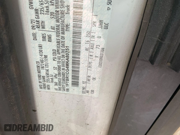 2021 Ford Transit Cargo with VIN 1FTBR1CG4MKA80751, listed as a IAAI auction lot 42859733 with 80,844 mi miles and . Bid and sale history available at DreamBid. Image 19.