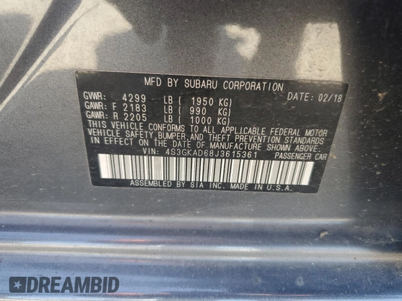 2018 Subaru Impreza Premium with VIN 4S3GKAD68J3615361, listed as a Copart auction lot 59400545 with 62,426 mi miles and Salvage title. Bid and sale history available at DreamBid. Image 13.