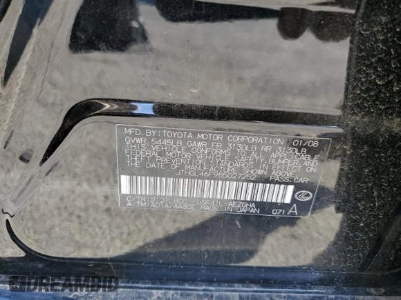 2008 Lexus LS 460 L with VIN JTHGL46F985027252, listed as a Copart auction lot 54337865 with Not provided miles and Non repairable. Bid and sale history available at DreamBid. Image 12.
