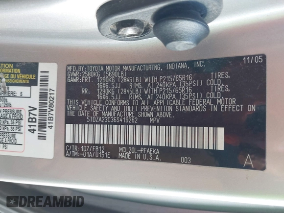 2006 Toyota Sienna CE with VIN 5TDZA23C36S419262, listed as a IAAI auction lot 42042520 with 202,686 mi miles. Bid and sale history available at carsss.com. Image 9.