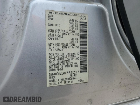 2019 Nissan Frontier SV с VIN 1N6AD0EV1KN765217, выставлен на аукционе Copart как лот 58986985 с пробегом 101 593 миль миль и Списание • Salvage title. История ставок и продаж доступна на DreamBid. Изображение 13.