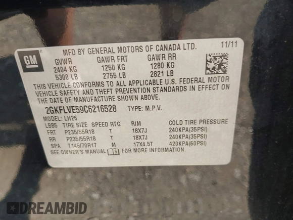 2012 GMC Terrain SLT-1 with VIN 2GKFLVE59C6216528, listed as a IAAI auction lot 42497388 with 178,520 mi miles and . Bid and sale history available at DreamBid. Image 9.