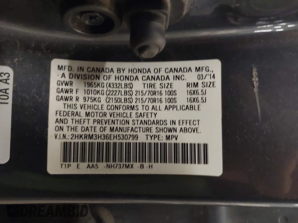 2014 Honda CR-V LX with VIN 2HKRM3H36EH530799, listed as a IAAI auction lot 41558422 with 155,763 mi miles. Bid and sale history available at carsss.com. Image 9.