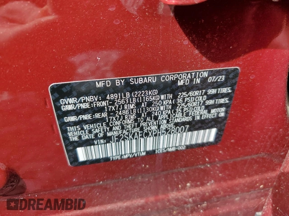 2023 Subaru Forester Premium with VIN JF2SKAECXPH528007, listed as a Copart auction lot 57000895 with 10,720 mi miles and Salvage title. Bid and sale history available at DreamBid. Image 12.
