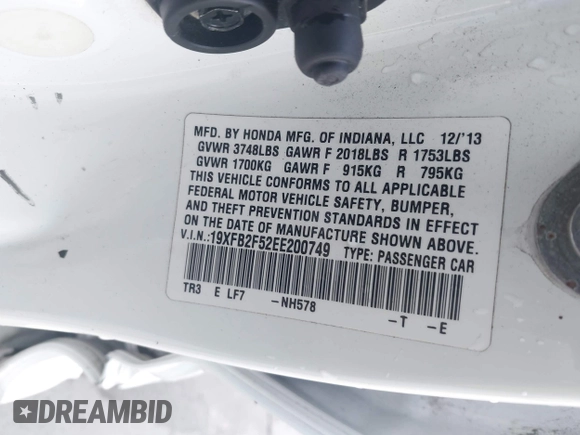 2014 Honda Civic LX with VIN 19XFB2F52EE200749, listed as a IAAI auction lot 42004489 with 213,818 mi miles and . Bid and sale history available at DreamBid. Image 9.