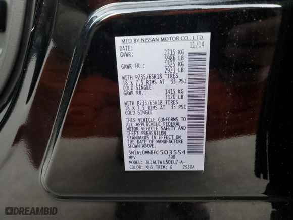 2015 Infiniti QX60 with VIN 5N1AL0MN8FC503554, listed as a Copart auction lot 84529564 with NaN miles and Salvage Title. Bid and sale history available at carsss.com. Image 14.