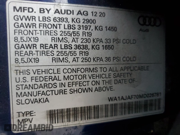 2021 Audi Q7 Premium z VIN WA1AJAF70MD026781, wystawiony jako Copart lot #86375774 z przebiegiem 92 998 mil mil oraz Szkoda całkowita • Salvage title. Historia ofert i sprzedaży dostępna na DreamBid. Obrazek 12.