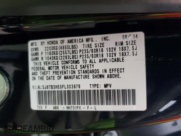 2015 Acura RDX Tech Pkg with VIN 5J8TB3H55FL003879, listed as a Copart auction lot 44137335 with 116,016 mi miles and Clean Title. Bid and sale history available at carsss.com. Image 13.