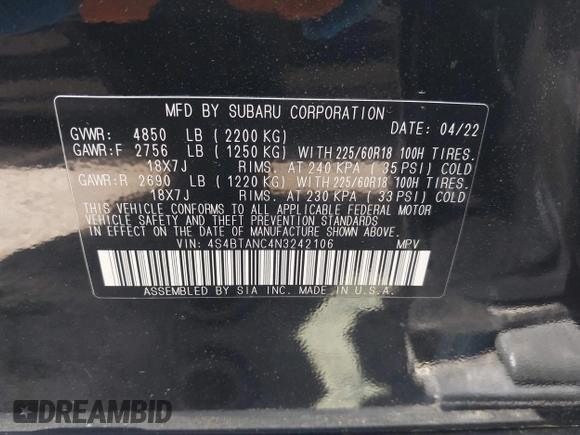 2022 Subaru Outback Limited z VIN 4S4BTANC4N3242106, wystawiony jako IAAI lot #41928476 z przebiegiem 11 043 mil mil oraz . Historia ofert i sprzedaży dostępna na DreamBid. Obrazek 9.