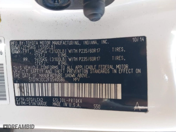 2015 Toyota Sienna XLE with VIN 5TDYK3DC2FS540586, listed as a IAAI auction lot 41715397 with 83,016 mi miles. Bid and sale history available at carsss.com. Image 9.