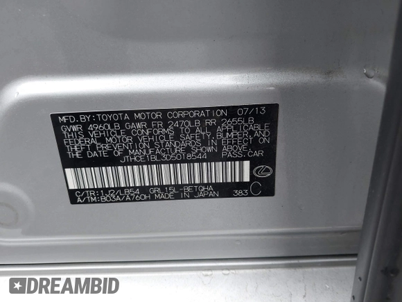 2013 Lexus GS 350 with VIN JTHCE1BL3D5018544, listed as a IAAI auction lot 42226810 with 170,356 mi miles and . Bid and sale history available at DreamBid. Image 9.