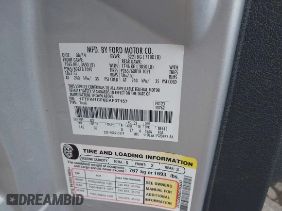 2014 Ford F-150 XL with VIN 1FTFW1CF6EKF37157, listed as a IAAI auction lot 42108544 with Not provided miles and . Bid and sale history available at DreamBid. Image 9.