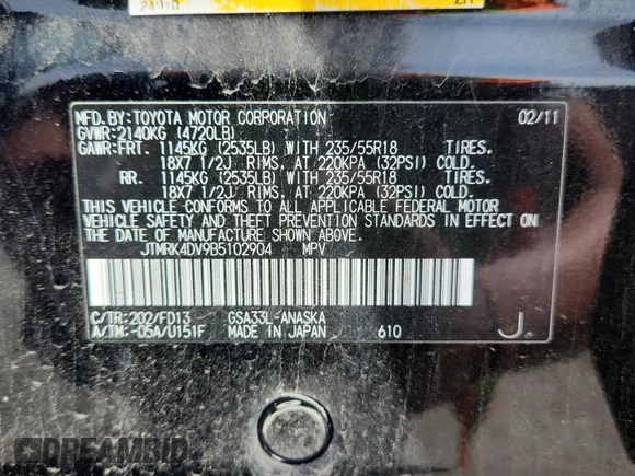 2011 Toyota RAV4 Sport z VIN JTMRK4DV9B5102904, wystawiony jako Copart lot #57867555 z przebiegiem 156 240 mil mil oraz Szkoda całkowita • Salvage title. Historia ofert i sprzedaży dostępna na DreamBid. Obrazek 13.