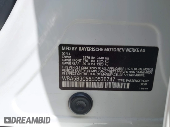 2014 BMW 5 Series 535i xDrive with VIN WBA5B3C56ED536747, listed as a IAAI auction lot 41900220 with 132,757 mi miles and . Bid and sale history available at carsss.com. Image 9.