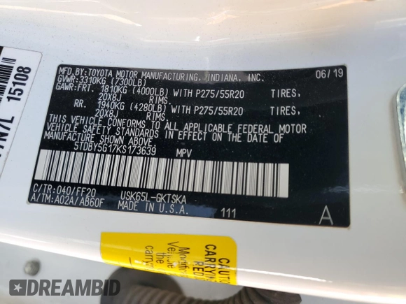 2019 Toyota Sequoia SR5 with VIN 5TDBY5G17KS173639, listed as a Copart auction lot 88519285 with 58,360 mi miles and Salvage Title. Bid and sale history available at carsss.com. Image 14.