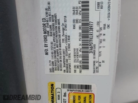 2020 Ford Fusion SE z VIN 3FA6P0T9XLR138977, wystawiony jako Copart lot #55260085 z przebiegiem 92 470 mil mil oraz Szkoda całkowita • Salvage title. Historia ofert i sprzedaży dostępna na DreamBid. Obrazek 13.