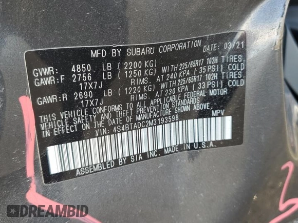 2021 Subaru Outback Premium with VIN 4S4BTADC2M3193598, listed as a Copart auction lot 42707495 with 97,953 mi miles and Salvage Title. Bid and sale history available at DreamBid. Image 12.